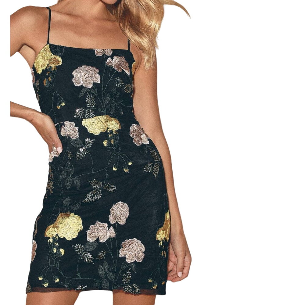 Lulu's Rue Black Floral Embroidered Sequin Bodycon Mini Dress #1205